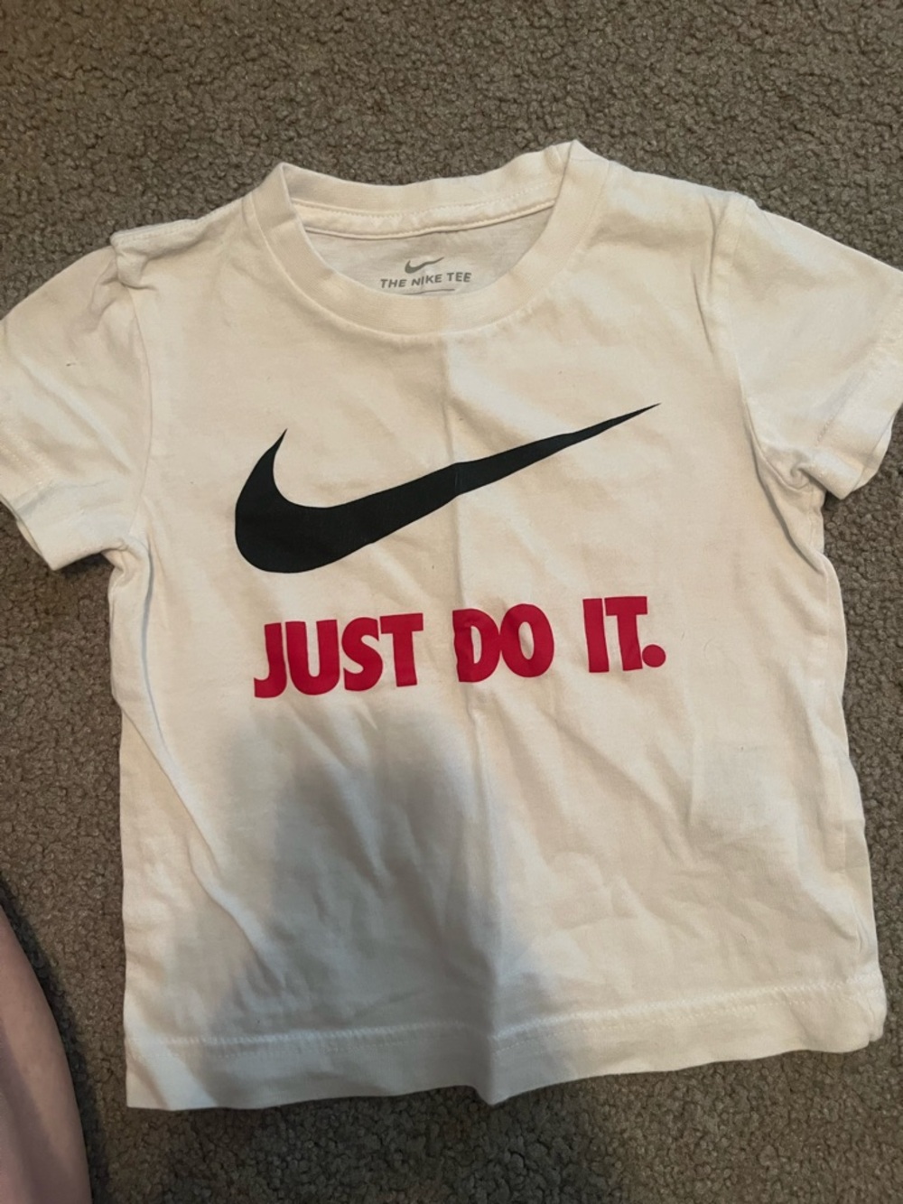 Nike White Kids Tee with Black Swoosh and Red 'Just Do It.'